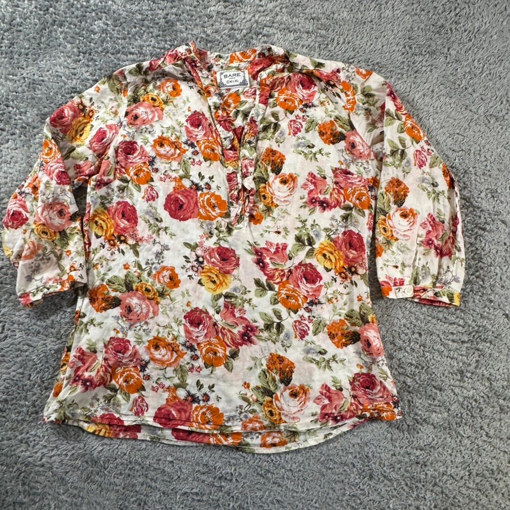 Bare Denim Womens Size S Floral Blouse Orange Red Rose Ruffle V Neck 100% Cotton